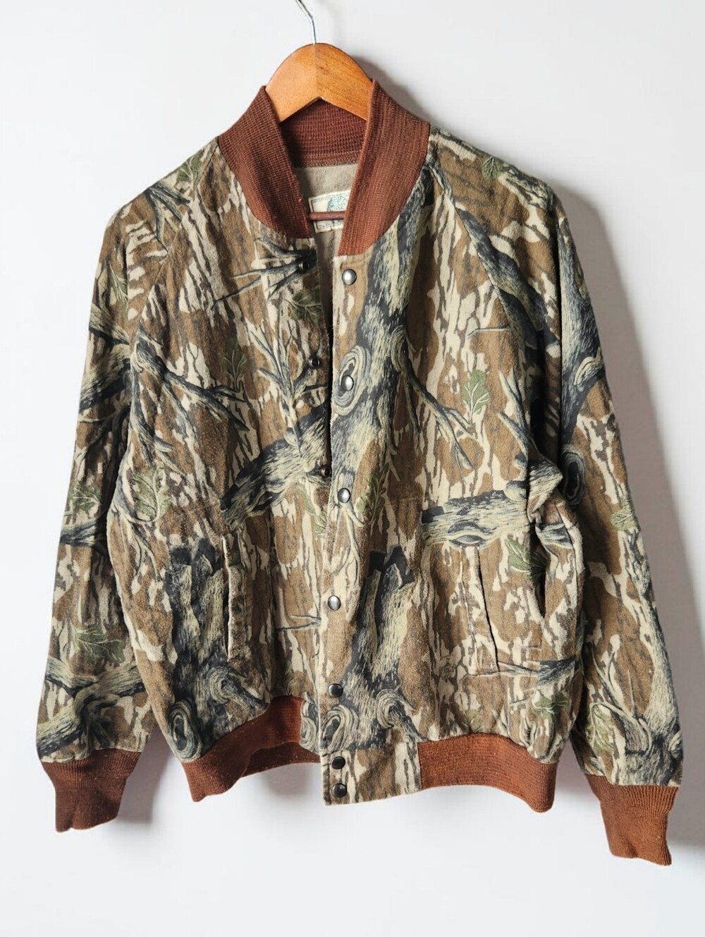 Vintage 80s Mossy Oak Tree Stand Green Leaf Chamois Cotton Mens M Hunting USA